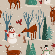 snowmen and deer in winter forest