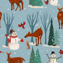 snowmen and deer in winter forest