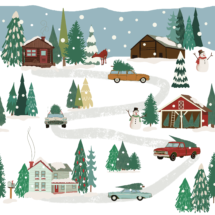 snowy winter village and countryside scenes with trees and vintage cars
