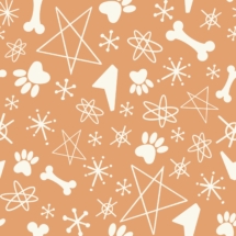 Atomic stars with bones and paw prints on orange background