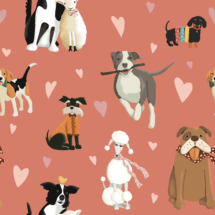 Dogs and hearts on pink background